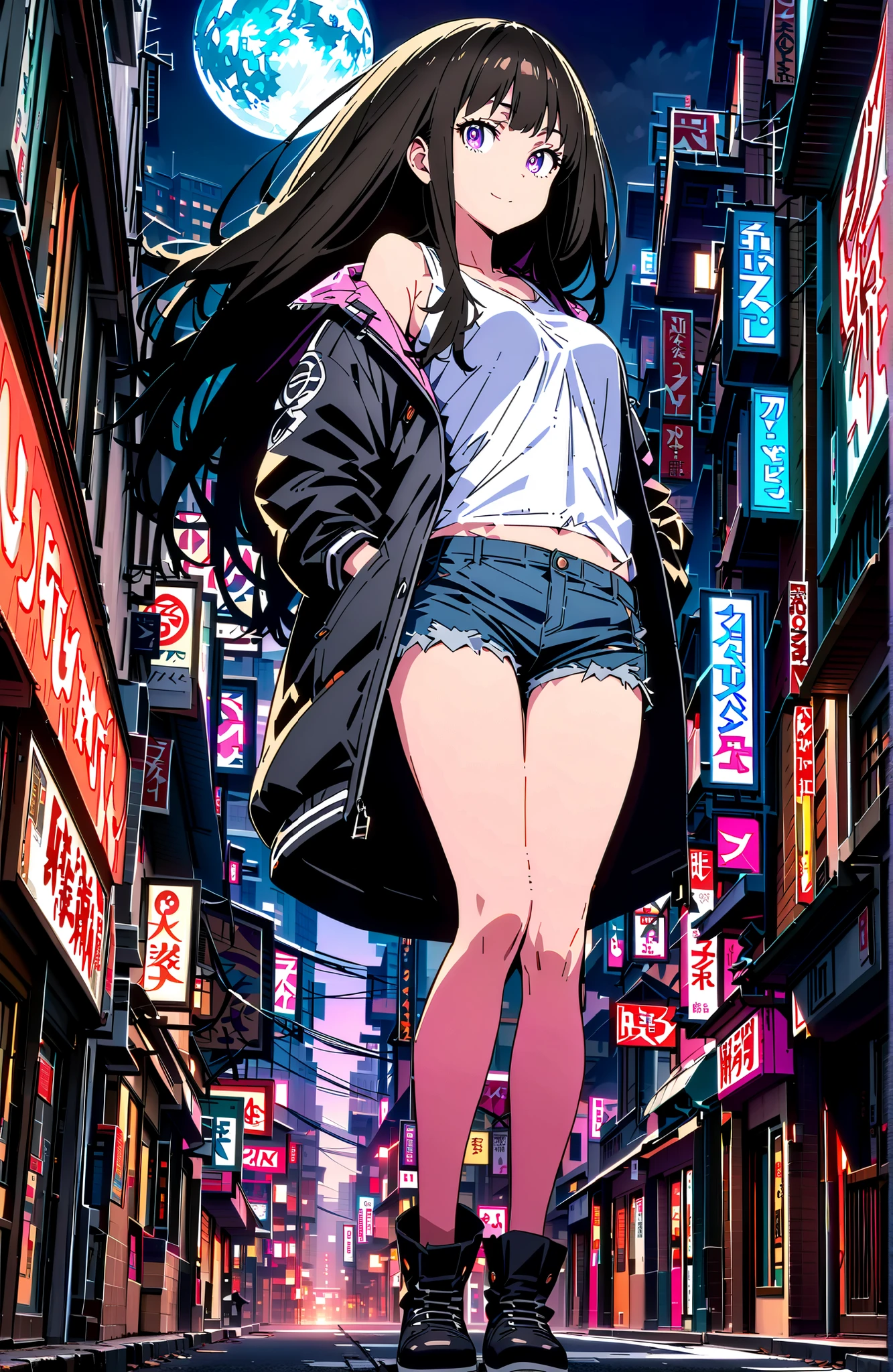 16K, High resolution, RTTX10.0, Ray Tracing, Natural light, Absurd, Top quality masterpiece, Perfect anatomy and highly detailed face, fine grain, One Girl, alone, , White tank top, (((Torn blue shorts))), Beautiful Hair, so beautiful, Edgy, Nice, Evil Aura, the wind is strong, Big city intersection at night, Future, Neon Light, it&#39;s raining, Detailed Background, Awards, It was a hot topic on Art Station., Climax, 自然A pose, Sweat is splashing, Intense movement, color々A pose, (((Playing electric guitar))), Concentrated on the music