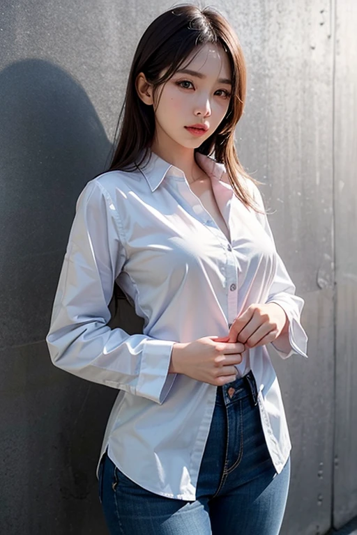 Young wife hanging out laundry on the balcony、Super detailed、Particles of light:0.5、Shiny and smooth skin texture、Put your hands on the railing、Beautiful clear blue eyes、dorsal position、Mouth half open、Natural Texture、Short Hair、、Mature slender beauty、Small breasts、Dignified face、Boyfriend Shirt