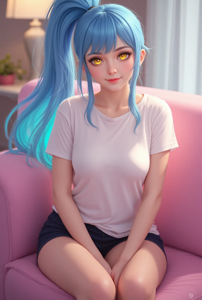 1girl, Lum, shirt, finely detailed beautiful eyes, cute, smile, shirt, room, masterpiece, best quality, detailed, colorful, sidelighting, lustrous skin, realistic, medium breast