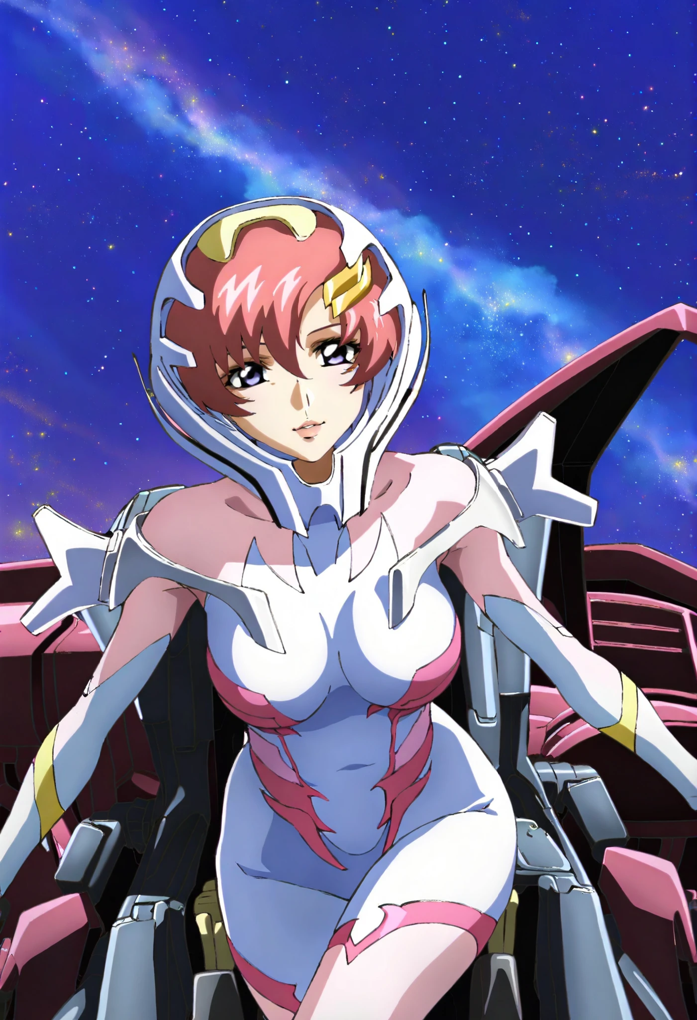 masterpiece,best quality,lacus_c, 1girl, anime coloring, solo, short hair, pink hair, hair ornament,lacus helmet, hair between eyes, purple eyes, lipstick, lacus pilot suit, pink, , light smile, parted lips ,cockpit, window, space, starry sky, standing
