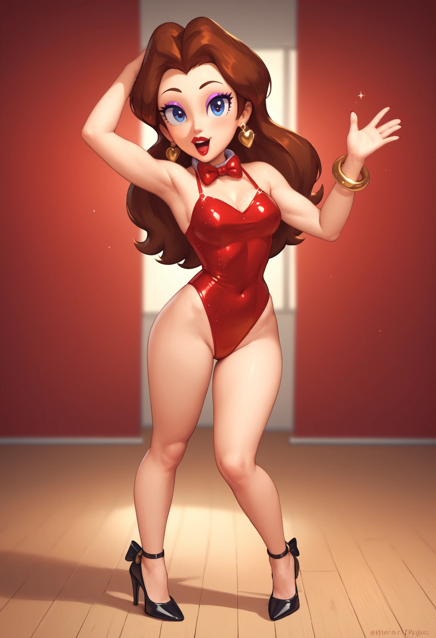 шедевр, beste-Qualit, one girls, 独奏, detailized face, looking a viewer, kblack eyes, gold hoop earrings, 4 fingers, detailed skin texture, (blushful: 0,5), (goosebumps on skin: 0,5), sub-surface Scattering, detailed skin texture, (blushful: 0,2), (goosebumps on skin: 0,3), sexy expression, portrait of, opened night robe, A high resolution, detailed bedroom, Black nose, sfw, goof troop, Disney, personage, anthro, Detailed fingers, flirtatious posture, right hand on hip, left hand on thigh, detailed between legs, detailed tummy, detailed chest, detailed knees, breast blush, thigh highs, slippers, detailed nails, flirty pose