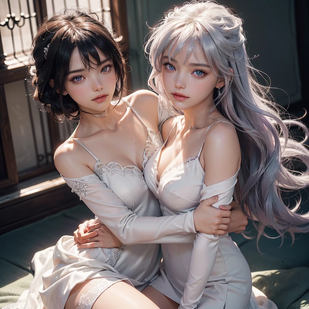 ((masterpiece:1.4)、(highest quality:1.4)、(realistic:1.7))、Written by Luis Royo(Written by Luis Royo)Surreal portrait of a beautiful girl、超beautiful girl、((1 girl:1.4))、Radiant natural skin texture、author:Written by Luis Royo(Written by Luis Royo)、19 years old、(upper arm:1.4、two legs:1.4)、(perfect anatomy:1.4)、(perfect female body:1.4)、girl portrait photography、close up photo、full body shot、((table top:1.4), (highest qualityの:1.4), (realistic:1.7), Written by Luis Royo, beautiful girl, 超beautiful girl, ((1 girl:1. 4), Radiant natural skin texture, author: Written by Luis Royo, 19 years old, (perfect female body: 1.4), (perfect female body: 1.) 4), girl portrait photography, close up photo, (full body photo), fantasy art, soft front light, beautiful expression, cute face, beautiful breasts, big breasts: 1. 2, beautiful butt, fine eyes, Clear and eye-catching, beautiful and attractive, beautiful eyes, thin waist, RAW photo, red lips, ((gray hair, long hair)) , 1 screen view, ), (sexy posture), (milky way in the sky),((Off-shoulder pure white translucent dress)),((T-back panties))、((white garter and garter belt))、(laughter)、
