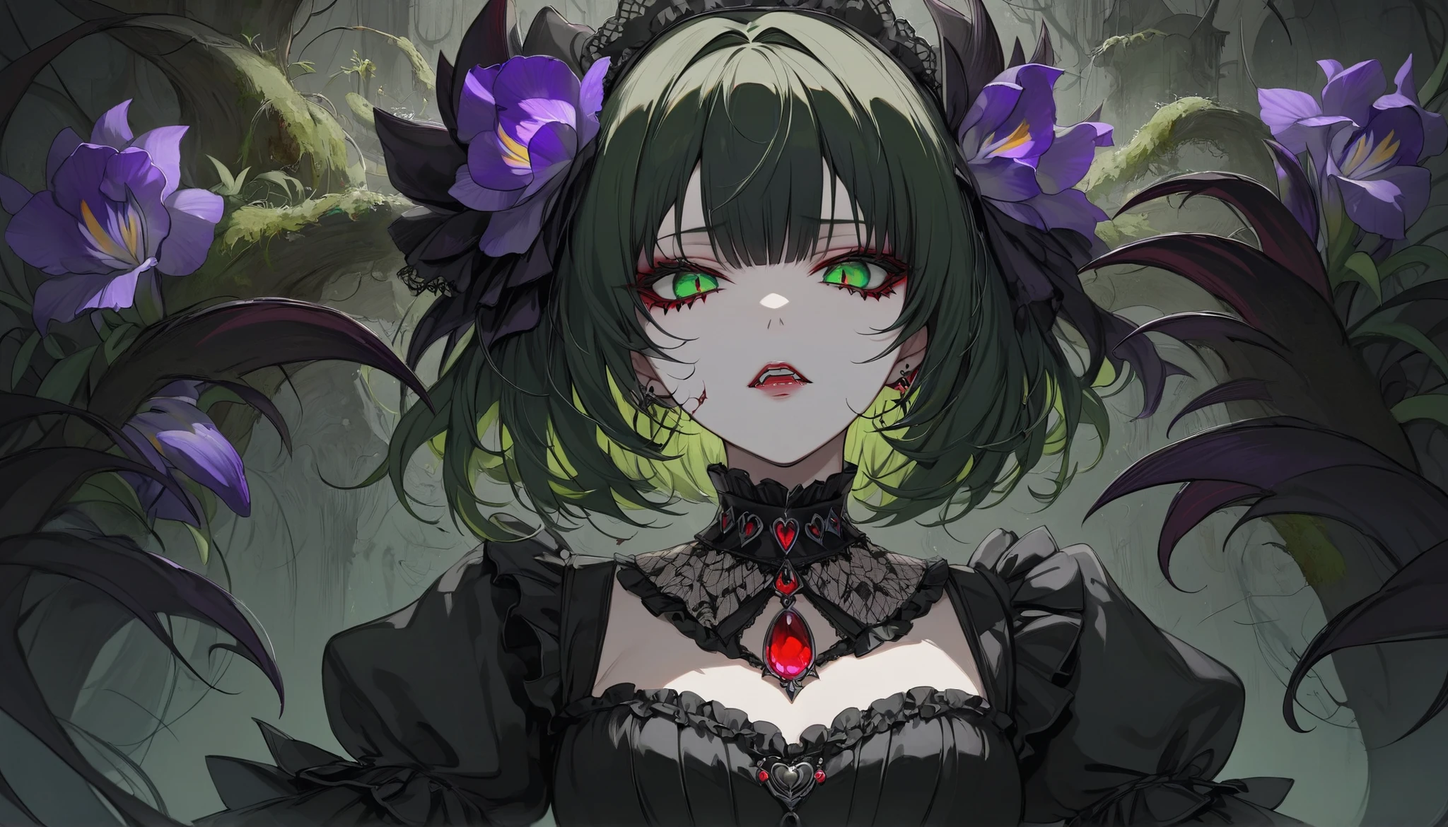 Top quality, masterpiece, 748cm style, upper body, single female, intimidating eyes, glowing purple irises, dark silky hair with subtle red highlights, gothic ta fashion, glamorous lace collar, blood red gemstone jewelry, slightly parted lips and fangs, pale complexion, sinister charm, sharp metal claws, night vibe, black hair, moss green eyes