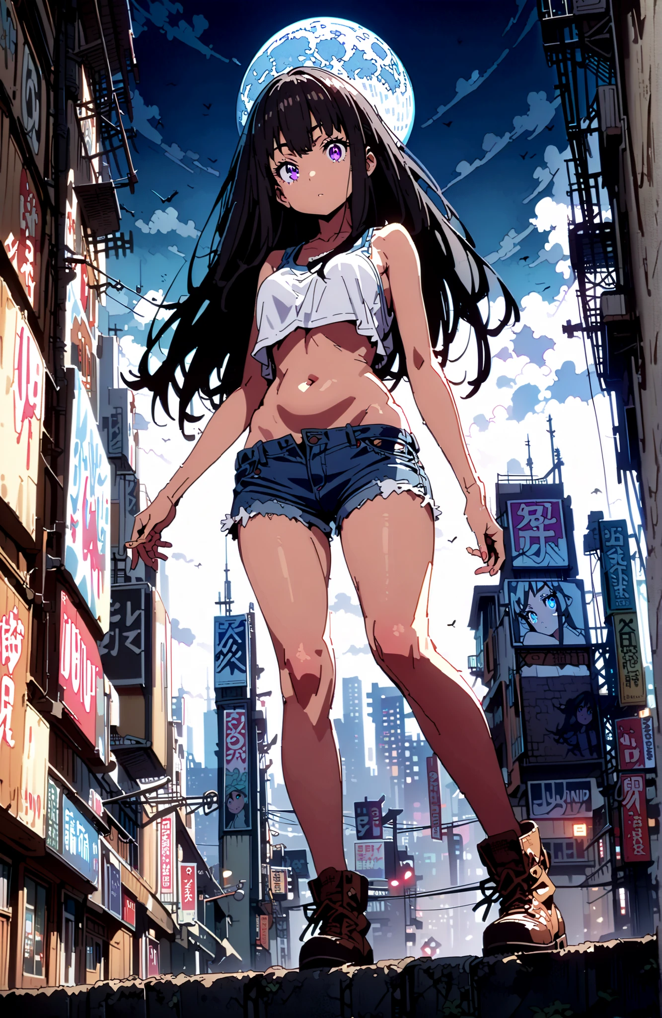 Takiuchikami, check it out, solo,long hair, bungs, black hair with a young pattern, purple eyes,Medium breast,close your mouth,riders jacket jacket,tank top for feet,Underboob,belly button stick,denim micro shorts,Bare legs,boots,I have my hands in my jacket pockets,Nōn,night,moon,standing,angles from below,full bodyがillustrationsに入るように,break outdoors,City,
break looking at viewer,full body,
break (masterpiece:1.2), Best Quality, high resolution, Unity 8k 壁紙, (illustrations:0.8), (beautiful detailed eyes:1.6), very detailed face, so that it fits into the illustration, Extremely Detailed CG, (perfect hand, perfect anatomy),