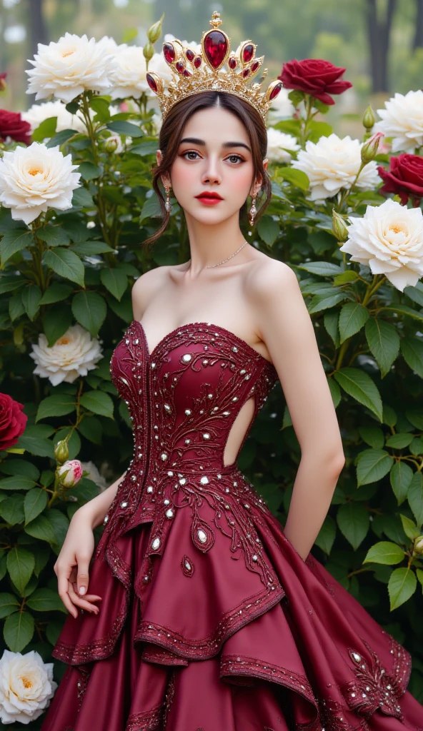 (masterpiece:1.4), (best quality:1.4), ultra high res, ultra high resolution, ((detailed facial features)), HDR, (realistic, photorealistic, photo-realistic:1.37), full body Esbian, sexy Japanese model, (-anime), only 1 model, vivid colors, ((vivid colors colorful very short hair)), (happy smile), lip-gloss, long lashes, gothic makeup, defined eyebrows, wearing large sparkling colorful jewelery, wearing a red silk Paradise Kiss cosplay dress with black floral embroidery, ((vivid colors outfit)), vivid colors, look at the camera, cinematic light, large park background with trees, sweet and sexy pose