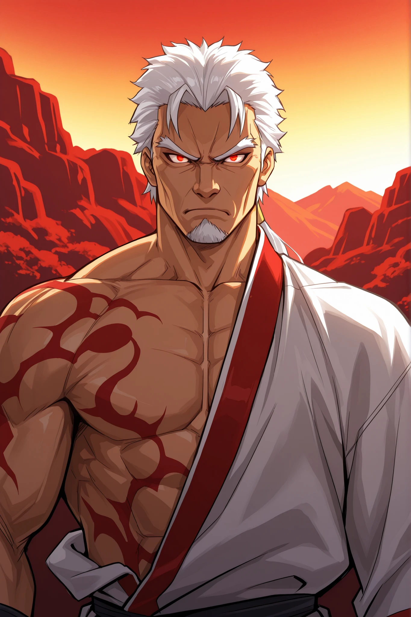 {{upper body}}, ((bulky build)), {{white clothing}}, mature man, chinese martial arts master, cultivator, fantasy chinese clothing, red fierce eyes, white hair, serious expression, light skin, {{muscular male}}, {{complementary colors}}, 1boy, beautifully drawn, high resolution illustration, best quality, High definition, detailed anime sketch, Masterpiece, solo, absurdres, detailed chinese background, fine detail, male focus, HDR,