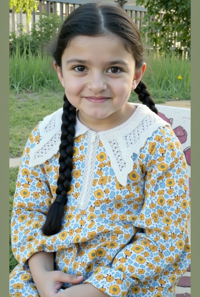 A pretty 9  girl with long brown hair and brown eyes with lovely clothes and she looks happy