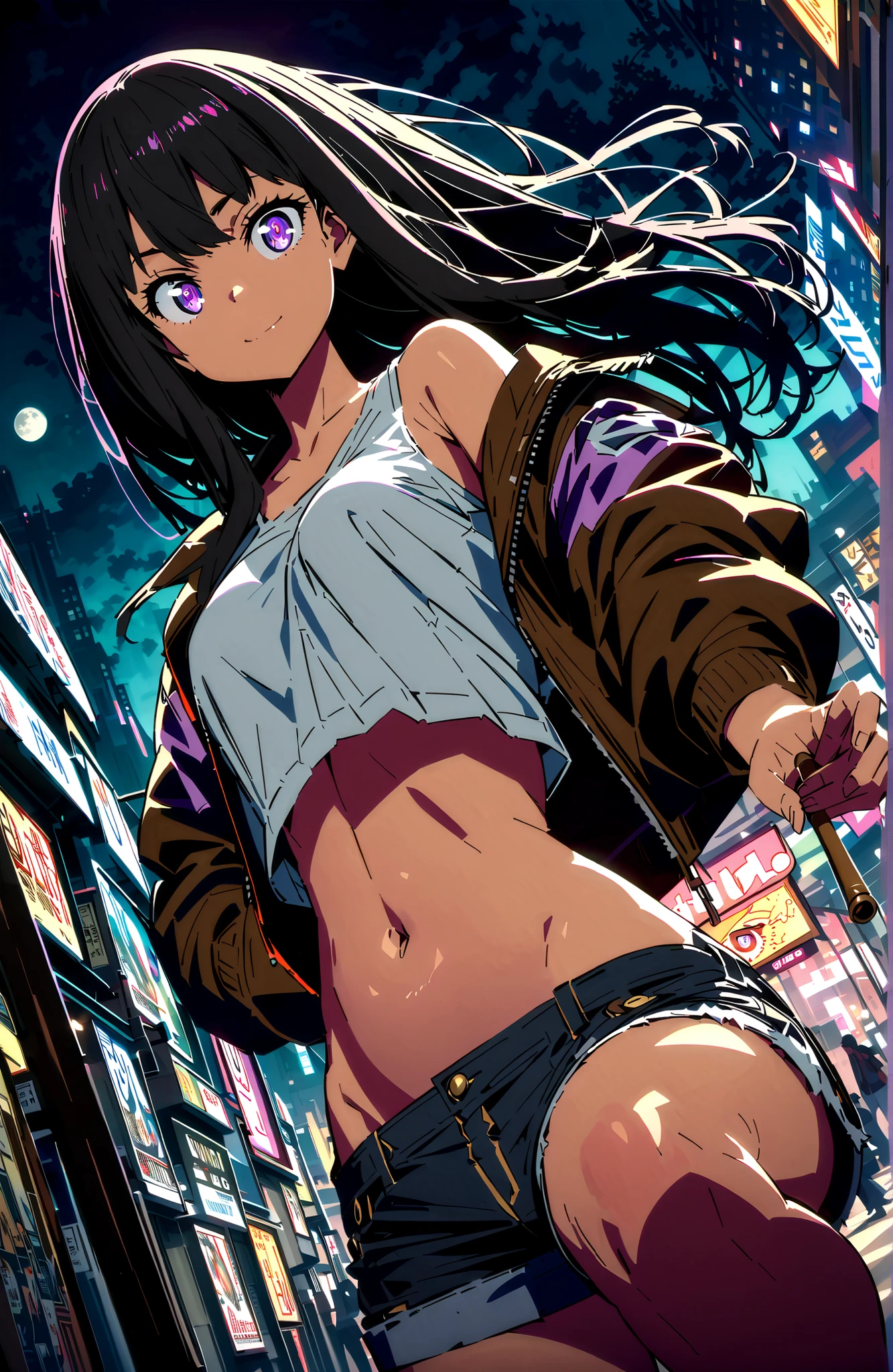 Takiuchikami, check it out, solo,long hair, bungs, black hair with a young pattern, purple eyes,Medium breast,smile,narrows her eyes,close your mouth,riders jacket jacket,tank top for feet,Underboob,belly button stick,denim micro shorts,Bare legs,boots,I have my hands in my jacket pockets,Nōn,night,moon,standing,angles from below,full bodyがillustrationsに入るように,break outdoors,City,
break looking at viewer,full body,
break (masterpiece:1.2), Best Quality, high resolution, Unity 8k 壁紙, (illustrations:0.8), (beautiful detailed eyes:1.6), very detailed face, so that it fits into the illustration, Extremely Detailed CG, (perfect hand, perfect anatomy),