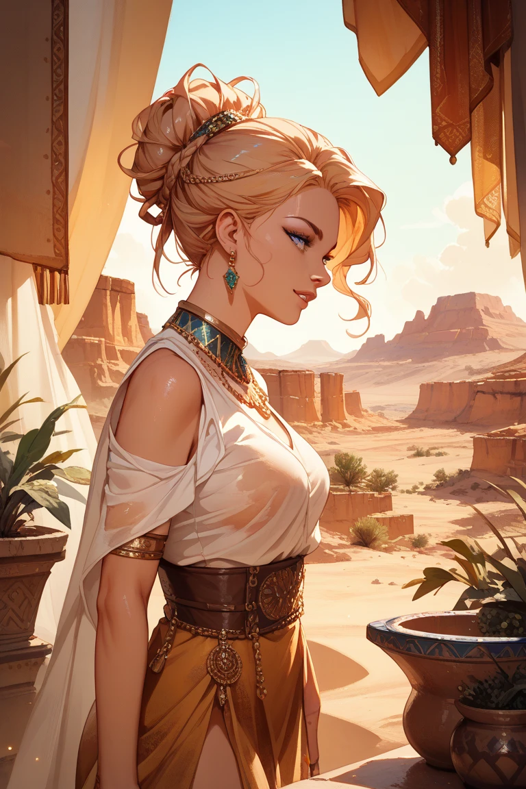 Blonde woman in an outfit that shows her stomach and back, walking in the desert, hands securely tied behind his back with a white rope, wrists crossed and slightly raised in the back