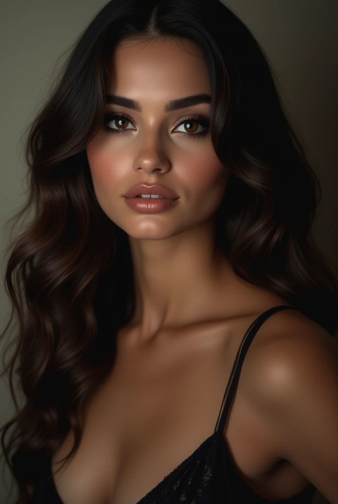 Latin woman, voluptuous, dark-skinned, dark-brown eyes, wavy hair, 168cm tall, smiling, slim, with a seductive look and lush lips