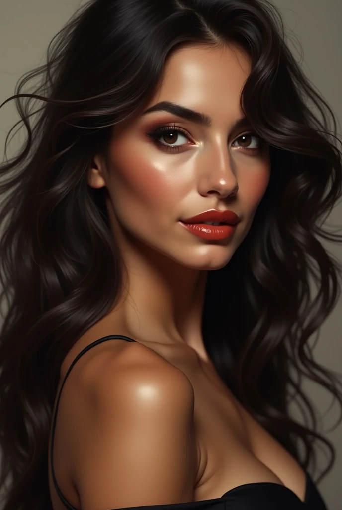 8k, Expect Raw, A beautiful woman, with long black and shiny hair, Cleopatra style, with brown eyes and enveloping, frontal photo, red and seductive lips, imposing woman, confident, a seductive queen, demonstrating what is most real in painting