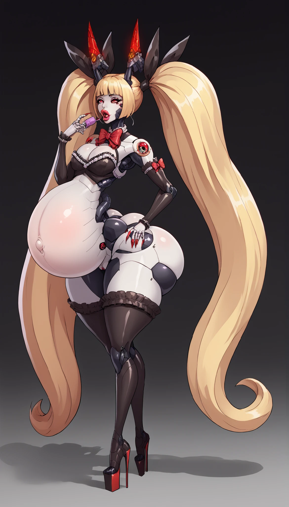 blank background, (((full body))), (masterpiece), ((best quality)), flat chest, blunt bangs, short twintail, (wide hips:1.6), (thick thighs:1.4), (very short skirt), sandals, belt below navel, fanny packs, blonde