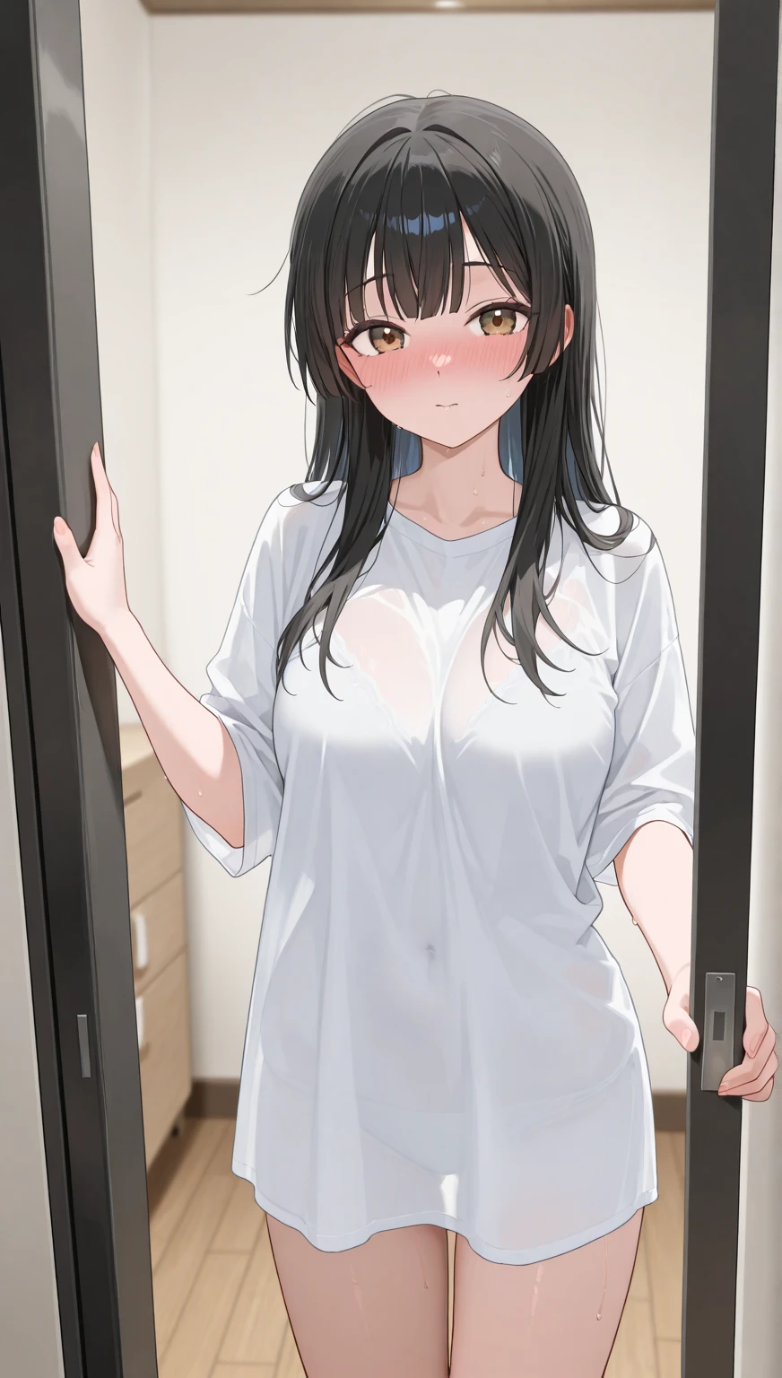 <lora:SaeYeon_SSG:1> saedef, blue hair, yellow eyes, long hair
standing, upper body, looking at viewer, thighs, t-shirt, pink shirt, dress with t-shirt, oversized clothes, arms at sides, white thighhighs, half-closed eyes, light smile,
masterpiece, best quality,