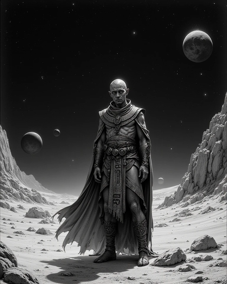 A technologically enhanced Saudi Arabian Bedouin warrior, adorned in a mix of Frank Frazetta and Moebius artistic styles. The cyborg's gleaming metal limbs contrast with intricate traditional clothing and jewelry, blending ancient heritage with cutting-edge innovation. This stunning digital painting captures the fusion of past and future, exuding a mesmerizing aura of cultural richness and futuristic prowess.