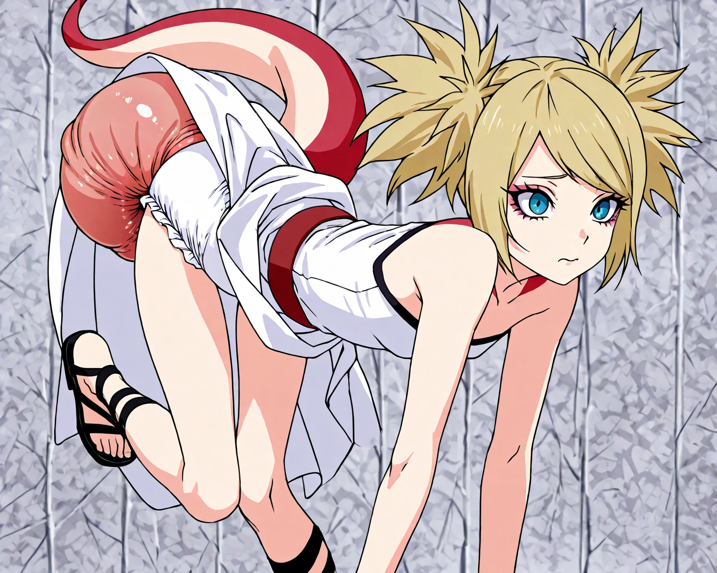 cute, small, (child:0.5), sarugaki hiyori, barefoot, blonde hair, yellow eyes, (twintails:1.1), shy, red panties, 1 girl, flat torso, ass, anus, standing