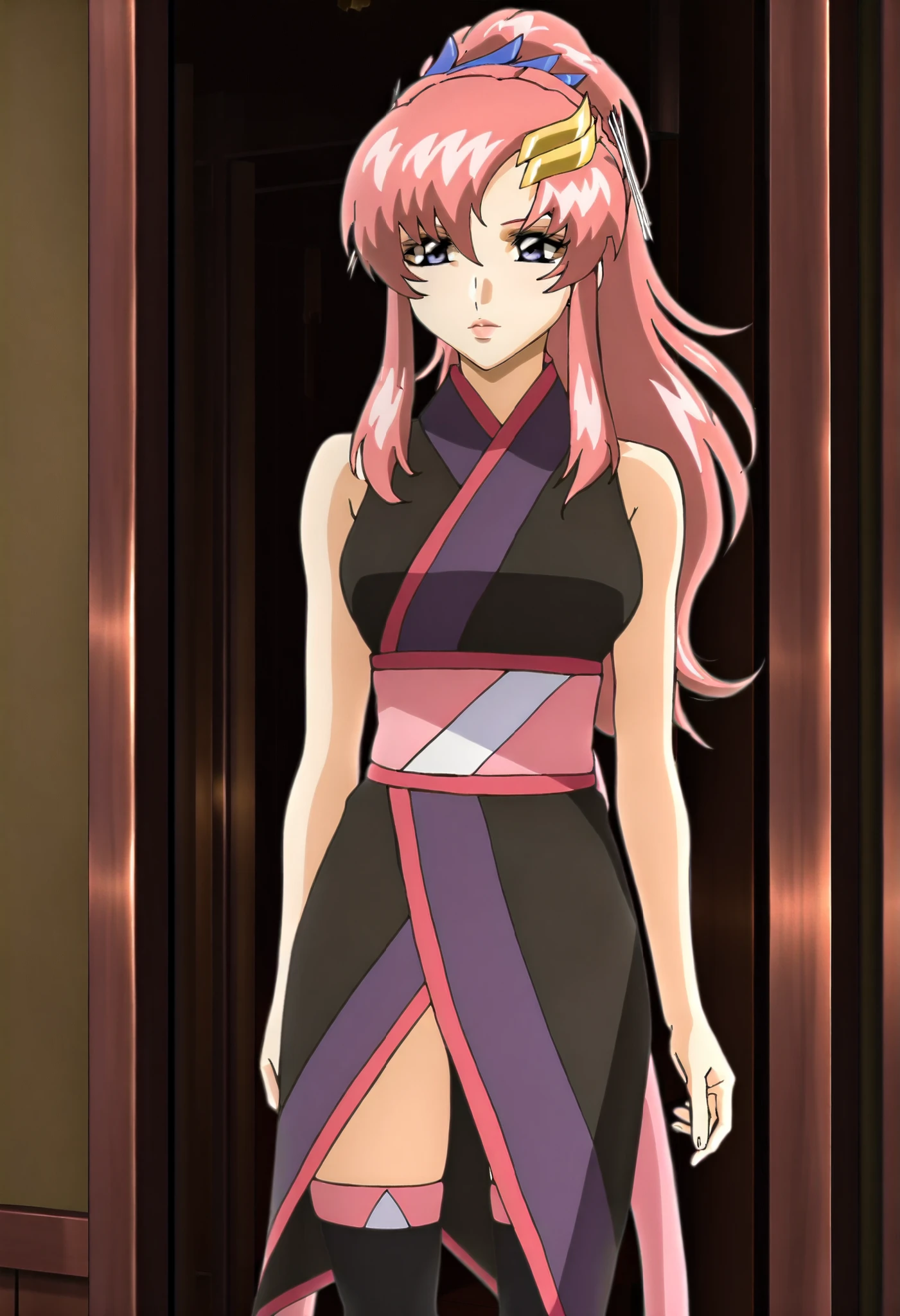 lacus_c, 1girl, anime coloring, solo, long hair, high ponytail, pink hair, purple eyes, lipstick, black sleeveless kimono, sash, black thighhighs, ,
