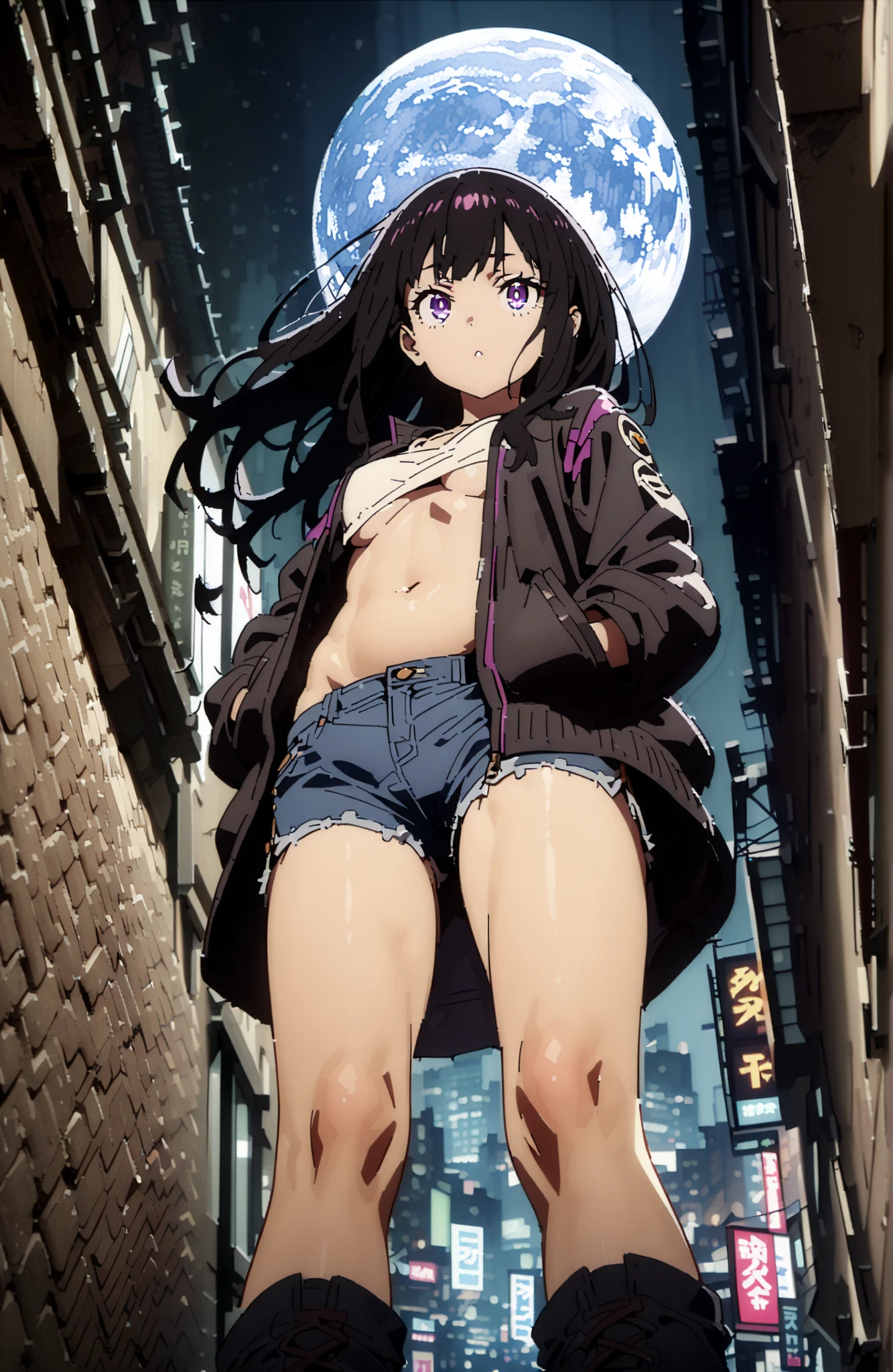 Takiuchikami, check it out, solo,long hair, bungs, black hair with a young pattern, purple eyes,Medium breast,close your mouth,riders jacket jacket,tank top for feet,Underboob,belly button stick,denim micro shorts,Bare legs,boots,I have my hands in my jacket pockets,Nōn,night,moon,standing,angles from below,full bodyがillustrationsに入るように,break outdoors,City,
break looking at viewer,full body,
break (masterpiece:1.2), Best Quality, high resolution, Unity 8k 壁紙, (illustrations:0.8), (beautiful detailed eyes:1.6), very detailed face, so that it fits into the illustration, Extremely Detailed CG, (perfect hand, perfect anatomy),
