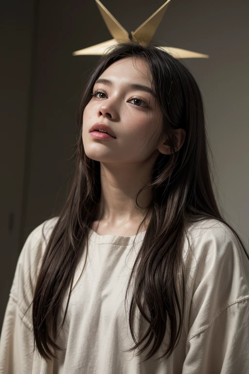 (top-quality、16K resolution)女の子1人、独奏、natural soft light、small tits、A Japanese Lady、Looking at the camera、Long sleeve white T-shirt、Concrete background、Facing the front、is standing、bobhair、Woman in her late teens、Light bangs、short-hair、Salon model、Natural look、portlate、floated hair、Rolled hair