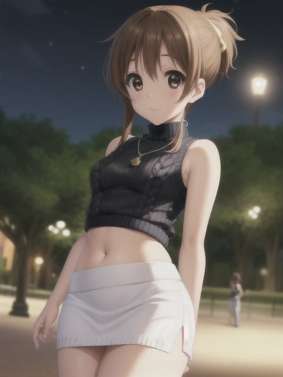 masterpiece,highest quality,High resolution,Super detailed,, 18-year-old, , 

alone, hirasawa ui, I can see your belly button, ((Black sleeveless turtleneck cropped knit、BREAK White mini skirt)),Small pendant、 Big Breasts、誘惑するsmile、(((pantylines))), 

Shiny brown hair, Short Ponytail, Beautiful brown eyes、smile、Sparkling eyes, (Fine grain)、Super detailedな目、Highly detailed face, Highly detailed eyes,

Evening amusement park、(((Inside the Ferris wheel)))、

View Viewer, Cowboy Shot