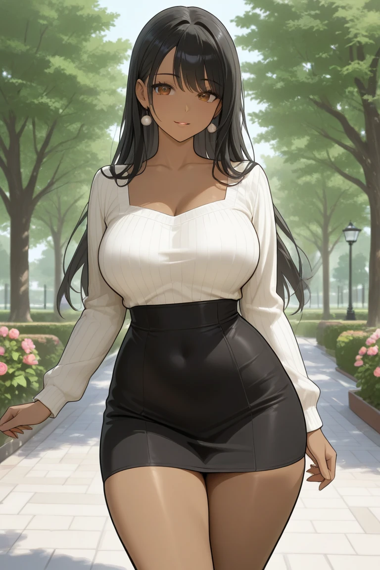 ((masterpiece, best quality, ultra-detailed)), 1girl, beautiful business woman walking through a summer garden, smiling, wearing pink blouse and blazer, bracelet, necklace, black midi pencil skirt, long tight skirt, black business skirt, heels, full body, wavy purple hair
