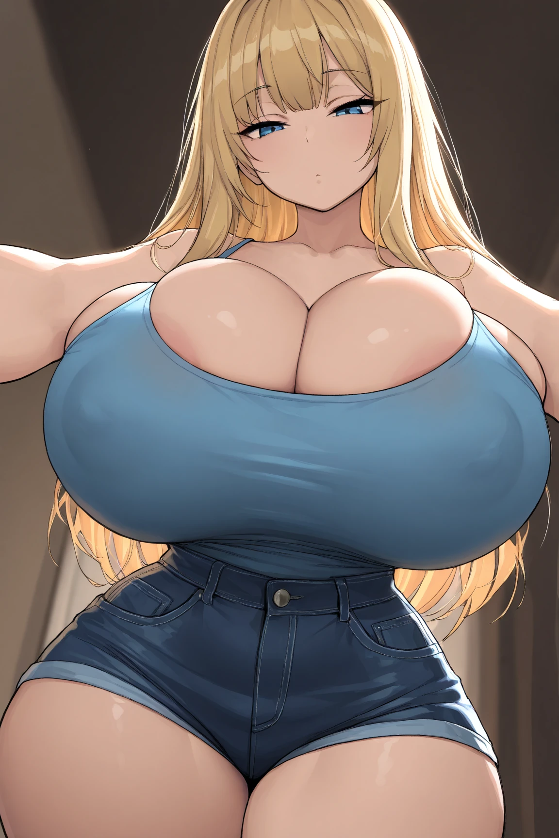 Shuz, (1woman, solo:1), wide hips, huge thighs, (thin waist:1.4), (huge breasts:1.6), huge nipple bulging in clothes, dark skinned female, blonde hair