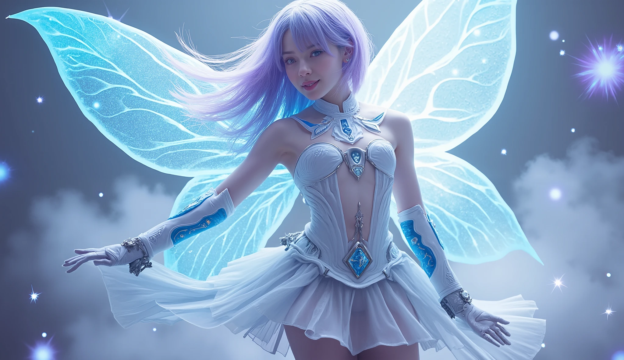 colored hair based on white、A fairy-like combat suit with a short dress, Blue and purple