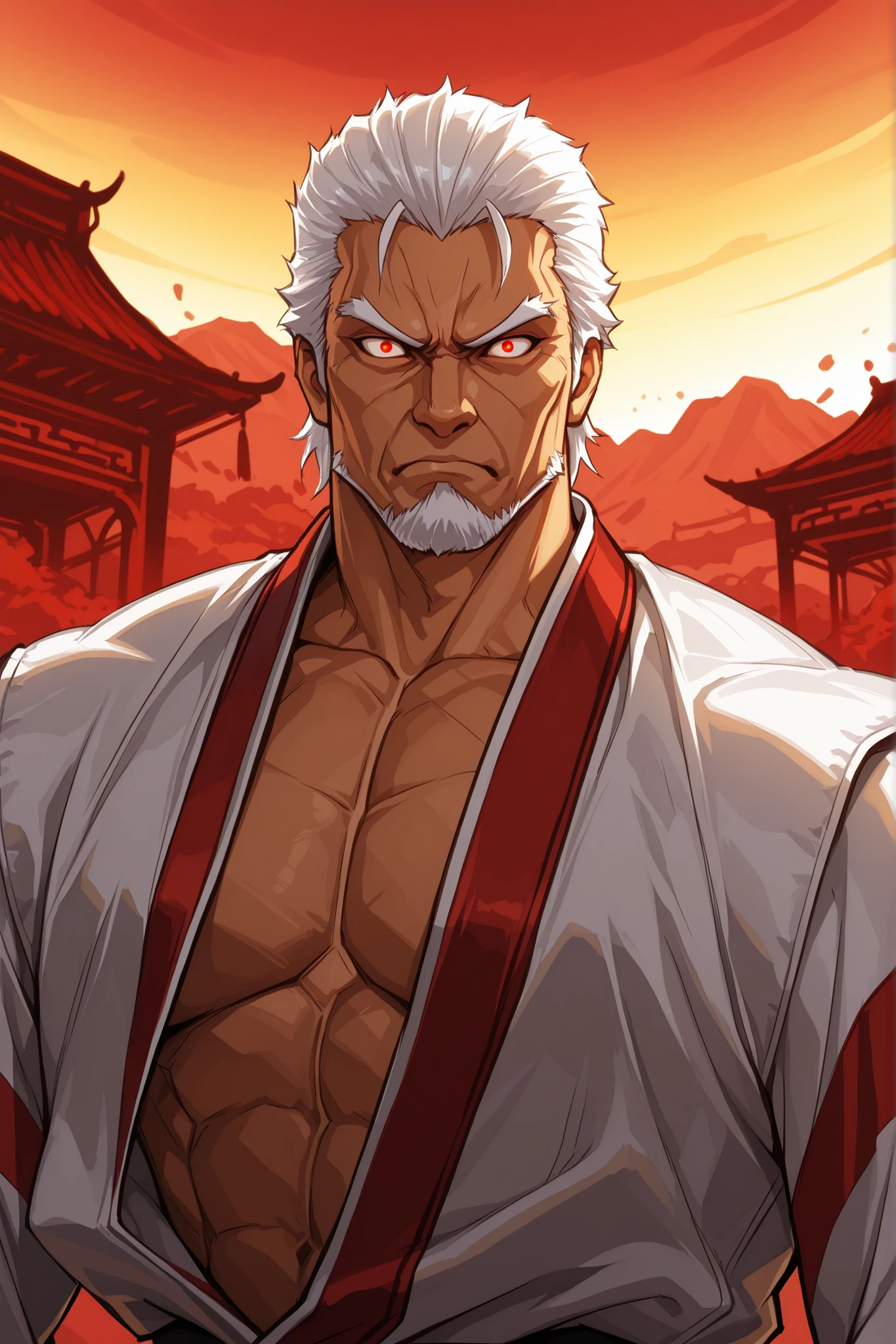 {{upper body}}, ((bulky build)), {{white clothing}}, mature man, chinese martial arts master, cultivator, fantasy chinese clothing, red fierce eyes, white hair, serious expression, light skin, {{muscular male}}, {{complementary colors}}, 1boy, beautifully drawn, high resolution illustration, best quality, High definition, detailed anime sketch, Masterpiece, solo, absurdres, detailed chinese background, fine detail, male focus, HDR,