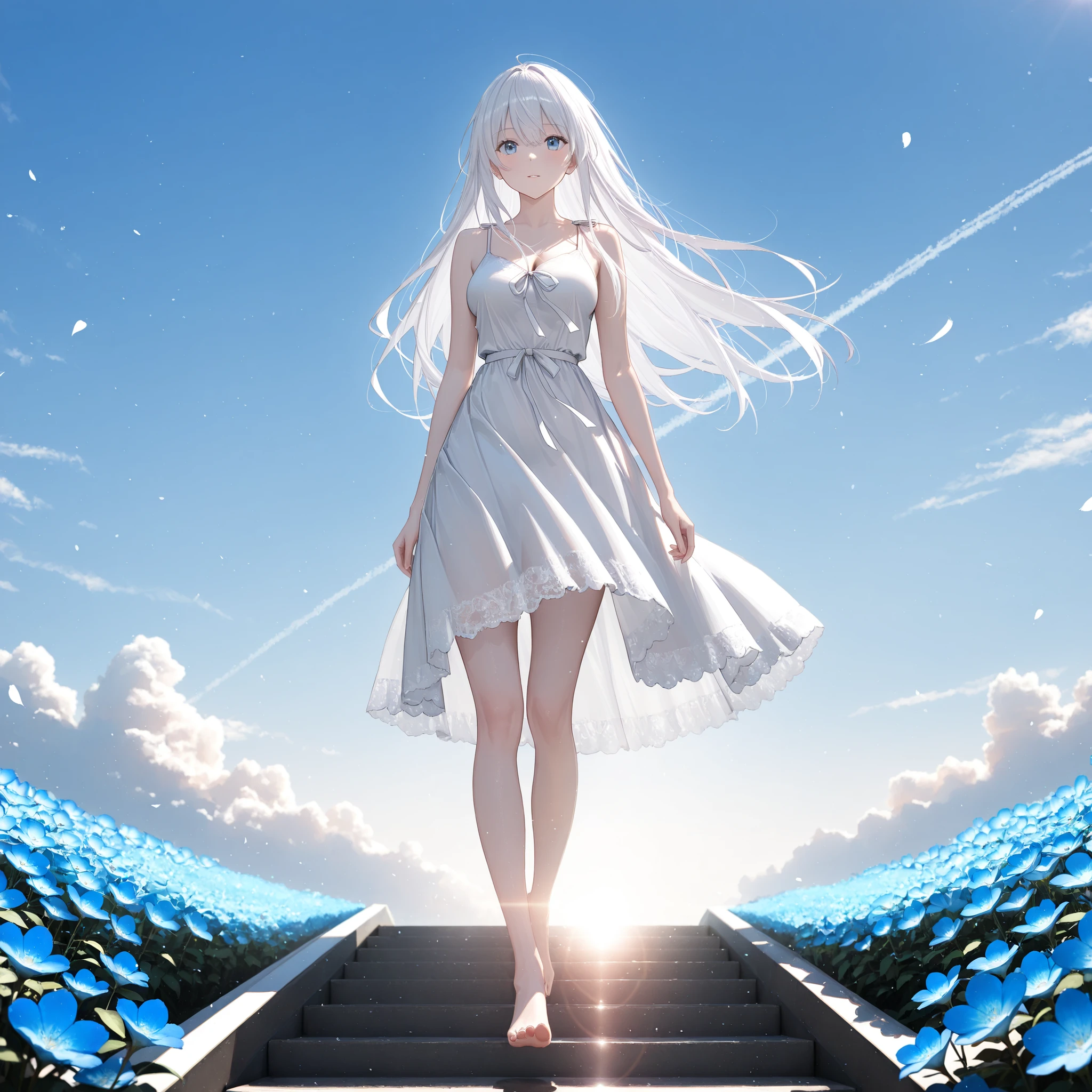 (High CT quality,4k,High resolution,mainpiece:1.1),Very detailed,Realistic:1.37,Best quality,masterpiece, high resolution,on_body, Tyndall effect,photorealistic, Edge lighting, Two-color lighting,(high definition skin:1.1), (8K UHD, DSLR quality, soft lighting, high quality, surround lighting, sincere, de 8K , 4K, 8K.) The albino girl: She has straight white hair without bangs. She has blue eyes. She is wearing a white lace summer dress with white ribbons at the waist. She walks barefoot On the background : a sunny day, blue sky with light rainbow clouds over an endless field of nemophiles, blue flowers. There is a transparent glass staircase leads to the sky standing in the middle of blooming field.