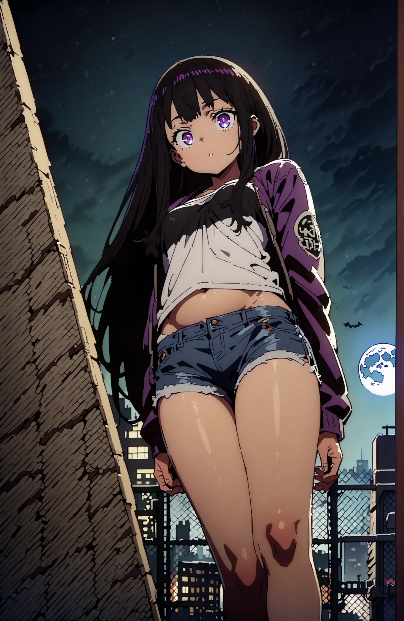 Takiuchikami, check it out, solo,long hair, bungs, black hair with a young pattern, purple eyes,Medium breast,close your mouth,riders jacket jacket,tank top for feet,Underboob,belly button stick,denim micro shorts,Bare legs,boots,I have my hands in my jacket pockets,Nōn,night,moon,standing,angles from below,full bodyがillustrationsに入るように,break outdoors,City,
break looking at viewer,full body,
break (masterpiece:1.2), Best Quality, high resolution, Unity 8k 壁紙, (illustrations:0.8), (beautiful detailed eyes:1.6), very detailed face,  so that it fits into the illustration, Extremely Detailed CG, (perfect hand, perfect anatomy),