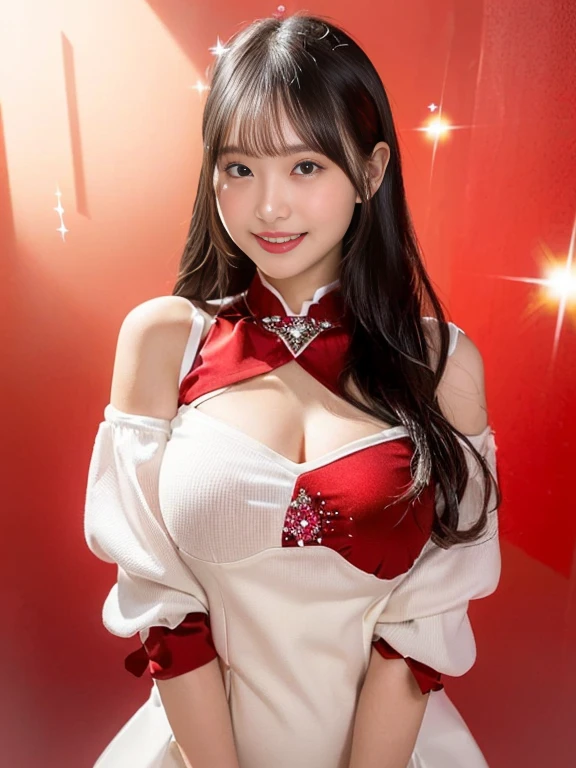 Masterpiece, 8K, Ultra HDR, Super resolution, Young woman, korean, Korean idol, idol make up, brunette, bangs, pale skin, very long straight hair, idol face face, unbelievably beautiful face, big lips, large breasts, large butt, wide hips, Mai Shiranui costume, cleavage, Happy look on face, smile, full body, Night Street setting,