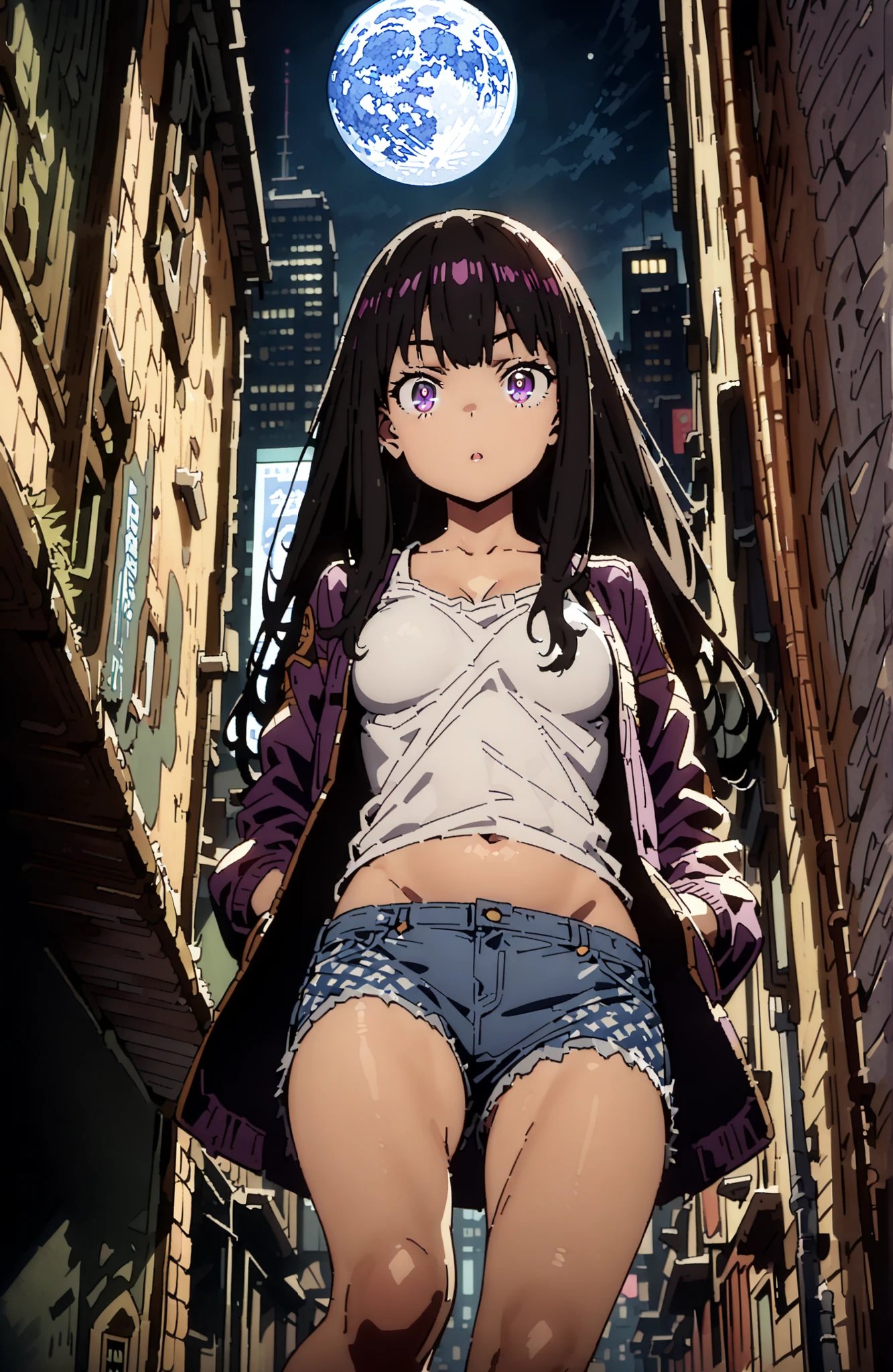 Takiuchikami, check it out, solo,long hair, bungs, black hair with a young pattern, purple eyes,Medium breast,close your mouth,riders jacket jacket,tank top for feet,Underboob,belly button stick,denim micro shorts,Bare legs,boots,I have my hands in my jacket pockets,Nōn,night,moon,standing,angles from below,full bodyがillustrationsに入るように,break outdoors,City,
break looking at viewer,full body,
break (masterpiece:1.2), Best Quality, high resolution, Unity 8k 壁紙, (illustrations:0.8), (beautiful detailed eyes:1.6), very detailed face, so that it fits into the illustration, Extremely Detailed CG, (perfect hand, perfect anatomy),