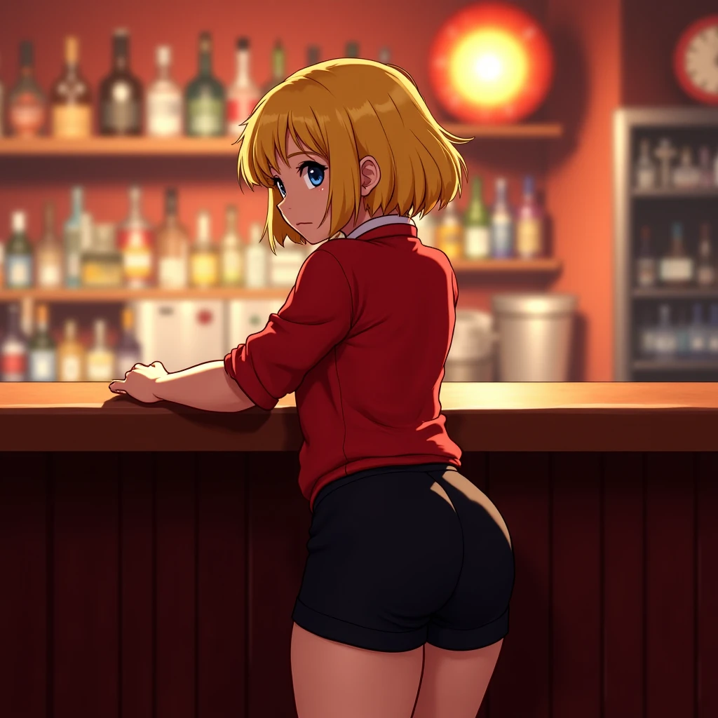 Huge ass, 1girl, Hyperass), nude, uncovered nsfw tits, venus body, public hair, (big breastes:1.0), hight resolution, Looking Back, Original, Pants off, 独奏, Sexually mature NSFW female, (Sexy position on the table:1.1), short black hair, sitting on top a table, red eyes, nsfw, simple background, no background, flat background, empty space, nsfw, hyper boobs, long blond hair, blond public hair, blue eyes, pretty face, nsfw