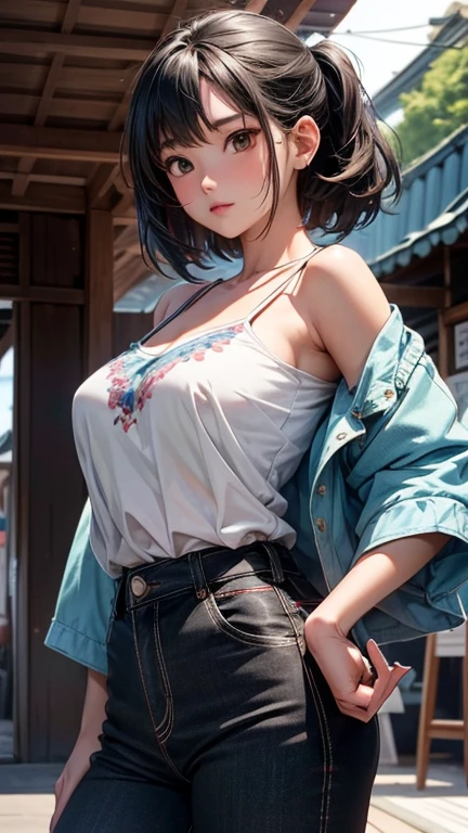 1 voluptuous woman (Sarah Hyland), short black hair, hairstyle pixie, eyes, environment change scene, Female, wearing only "jeans overalls", "without shirt", uncovered shoulders, (simple background, white background: 1.3), illustration, ((masterpiece)), (((best quality))), UHD, highres, 8k, best quality, high details, anatomically correct, full body