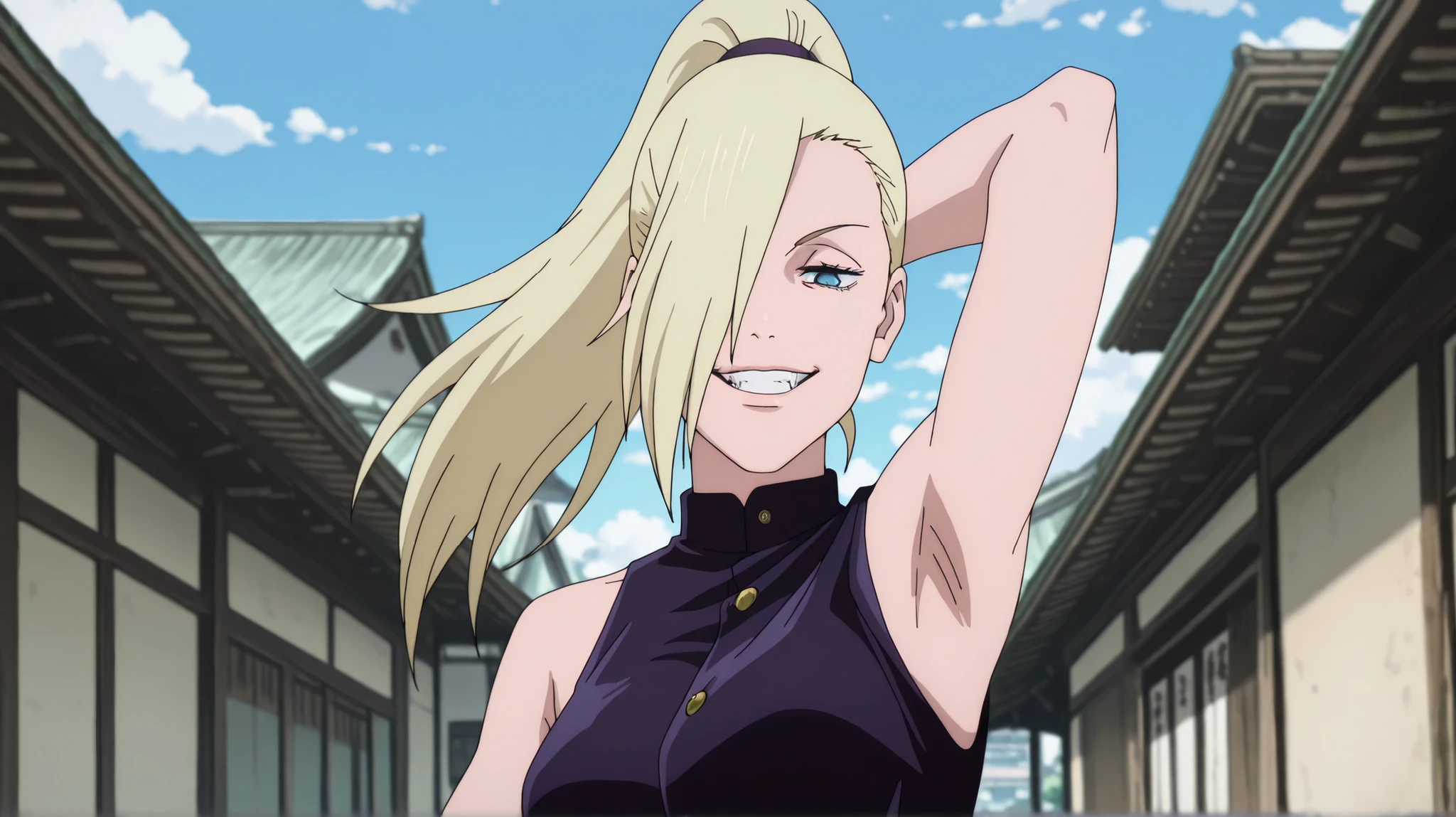 Jujutsu Kaisen Anime Style,masterpiece, best quality, amazing quality, front light, anime screencap, 1girl, solo, InoShipuuden, blonde hair, high ponytail, hair over one eye, breasts, blue eyes, bare shoulders, arm up, raised arm, armpit, , looking at viewer, evil smile, grin, smug, teeth, (front light:1.1), half-closed eyes, armpits focus, ,upper body, looking at viewer, solo, smile, wearing a modern black Jujutsu Kaisen sorcerer uniform, cowboy shot, outdoors,blue sky,cloudy sky,old japanese city,
