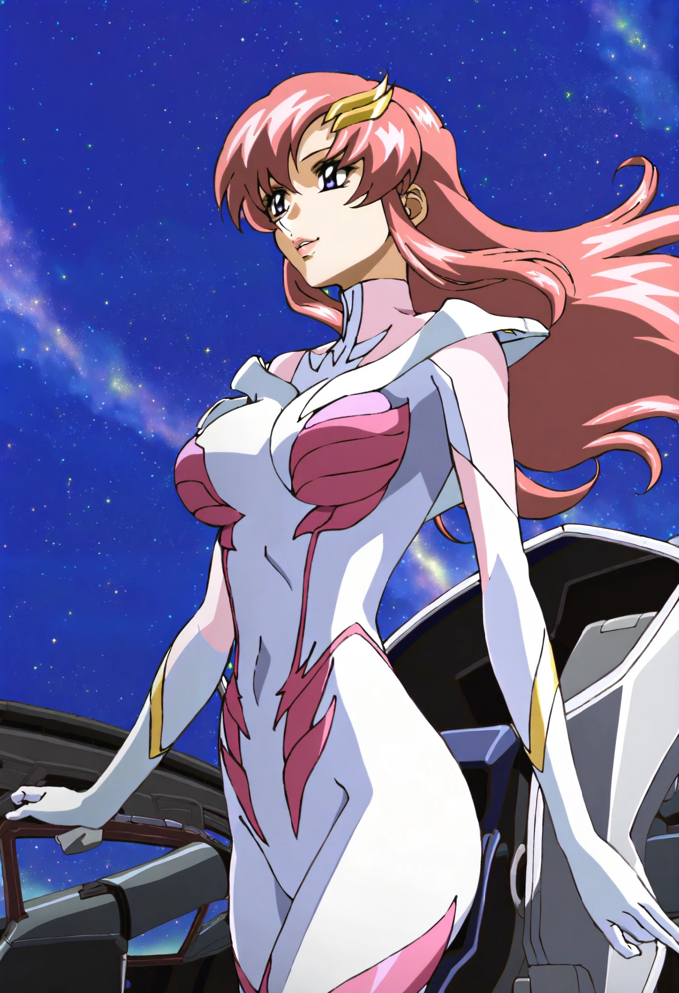masterpiece,best quality,lacus_c, 1girl, anime coloring, solo, long hair, pink hair, hair ornament, purple eyes, lipstick, lacus pilot suit, pink, , light smile, parted lips ,cockpit, window, space, starry sky, standing
