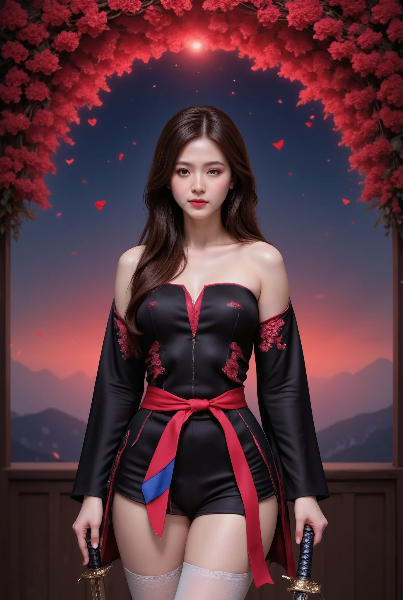 A highly detailed, photorealistic rendering of a confident and striking character with long, flowing black hair and captivating red eyes. The character exudes an air of elegance and strength, dressed in a traditional yet modernized Japanese-inspired outfit:
- A form-fitting, sleeveless kimono-style dress in deep black, featuring bold red accents along the edges.
- The dress is adorned with delicate pink cherry blossom patterns, adding a touch of femininity and cultural symbolism.
- A prominent red obi belt cinches the waist, tied with a blue ribbon that contrasts beautifully against the black fabric.
- White thigh-high stockings complement the outfit, enhancing the character's poised and graceful appearance.
The character holds a katana sword in one hand, gripping it firmly with a sense of authority and readiness. The sword has a dark hilt with intricate details, including a red guard that matches the red accents of the dress. Her other hand rests confidently on her hip, further emphasizing her assertive demeanor.
The background is a vibrant and dynamic scene filled with:
- Large, blooming red cherry blossoms that dominate the upper portion of the image, symbolizing beauty and transience.
- Petals gently floating through the air, creating a sense of motion and depth.
- A rich, dark red gradient that transitions into a deep blue at the top, evoking a dramatic and moody atmosphere.
The lighting is soft yet intense, highlighting the character's features and the textures of her clothing. Pay special attention to:
- The glossy sheen of the black fabric, capturing how light reflects off its surface.
- The subtle shadows and highlights on the character's skin, emphasizing her curves and posture.
- The intricate details of the katana, including the texture of the hilt and the reflective quality of the blade.
- The delicate petals and blossoms, ensuring they appear lifelike and three-dimensional.