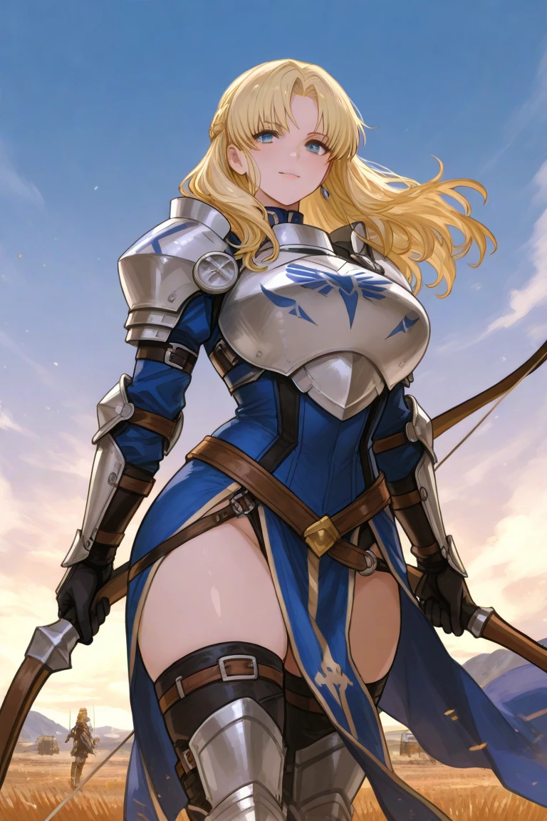 1girl, long hair, blonde hair, drill hair, blue eyes, headband, bikini, armor, detached collar, single pauldron, gauntlets, greaves, showgirl skirt, standing, outdoors, forest, holding sword, smug, looking at viewer, cowboy shot score_9, score_8_up, score_7_up, score_6_up, score_5_up, score_4_up, BREAK source_anime, masterpiece
