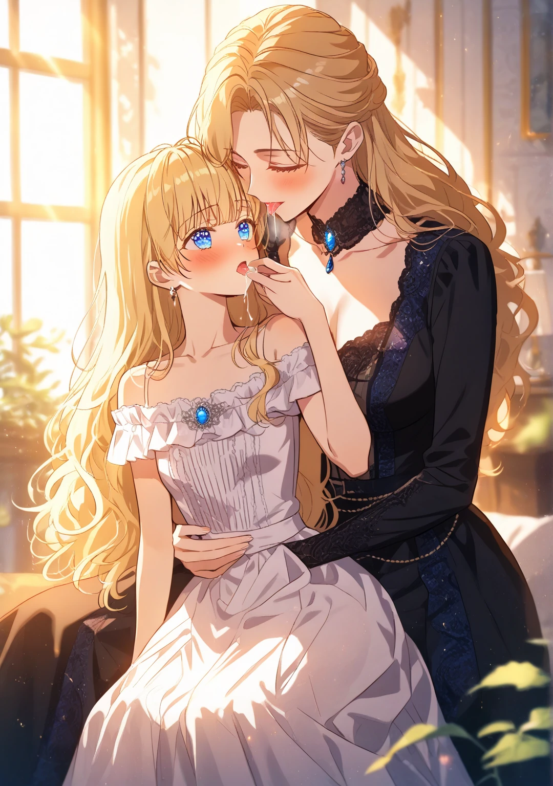 White long gloves up to the elbow、dress、Blonde woman、Knee-high socks。