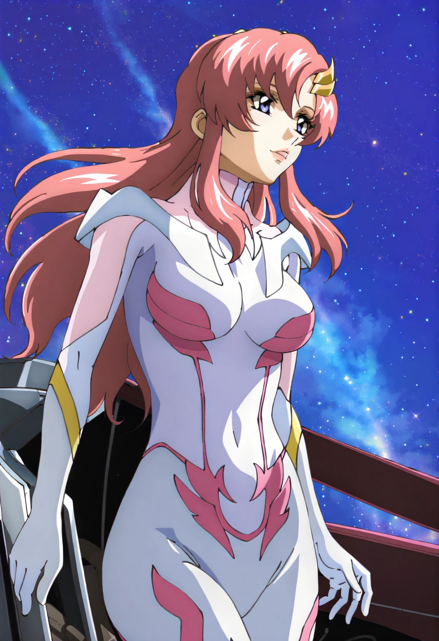 masterpiece,best quality,lacus_c, 1girl, anime coloring, solo, long hair, pink hair, hair ornament, purple eyes, lipstick, lacus pilot suit, pink, , light smile, parted lips ,cockpit, window, space, starry sky, standing

