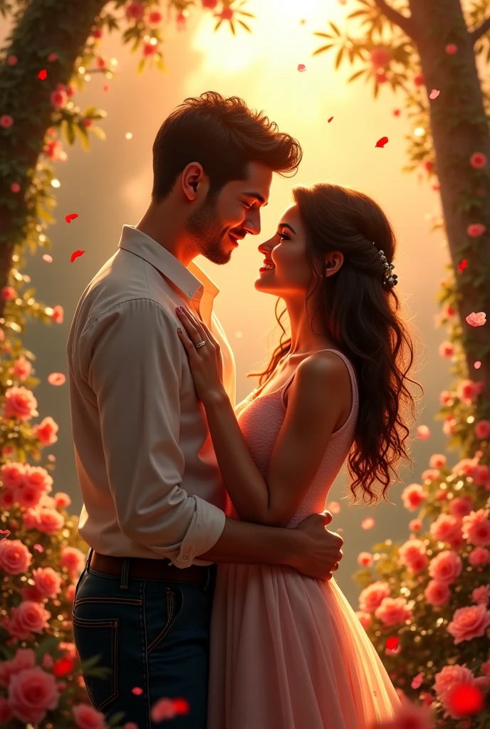 A man hands a woman (Resembling Gal Gadot actress) a single rose, both smiling warmly as they exchange a look filled with love. Behind them, a charming flower shop provides a picturesque backdrop, emphasizing the romantic and tender nature of their interaction. Realistic Image 