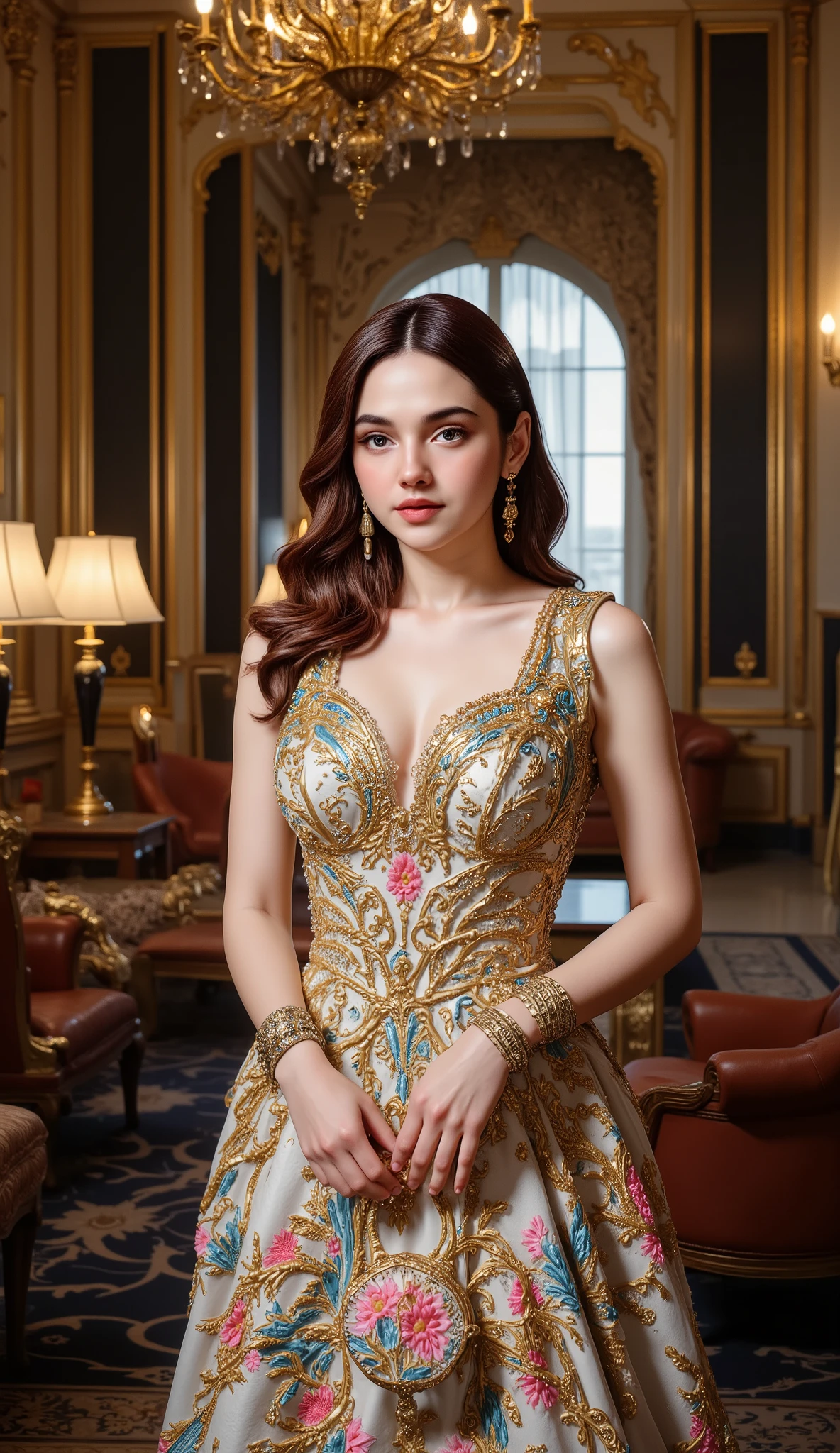 Draw this face with 21st century fancy Russian Baroque style using for female fashion clothes and she is standing in the luxury hotel with a handbag in her hand 