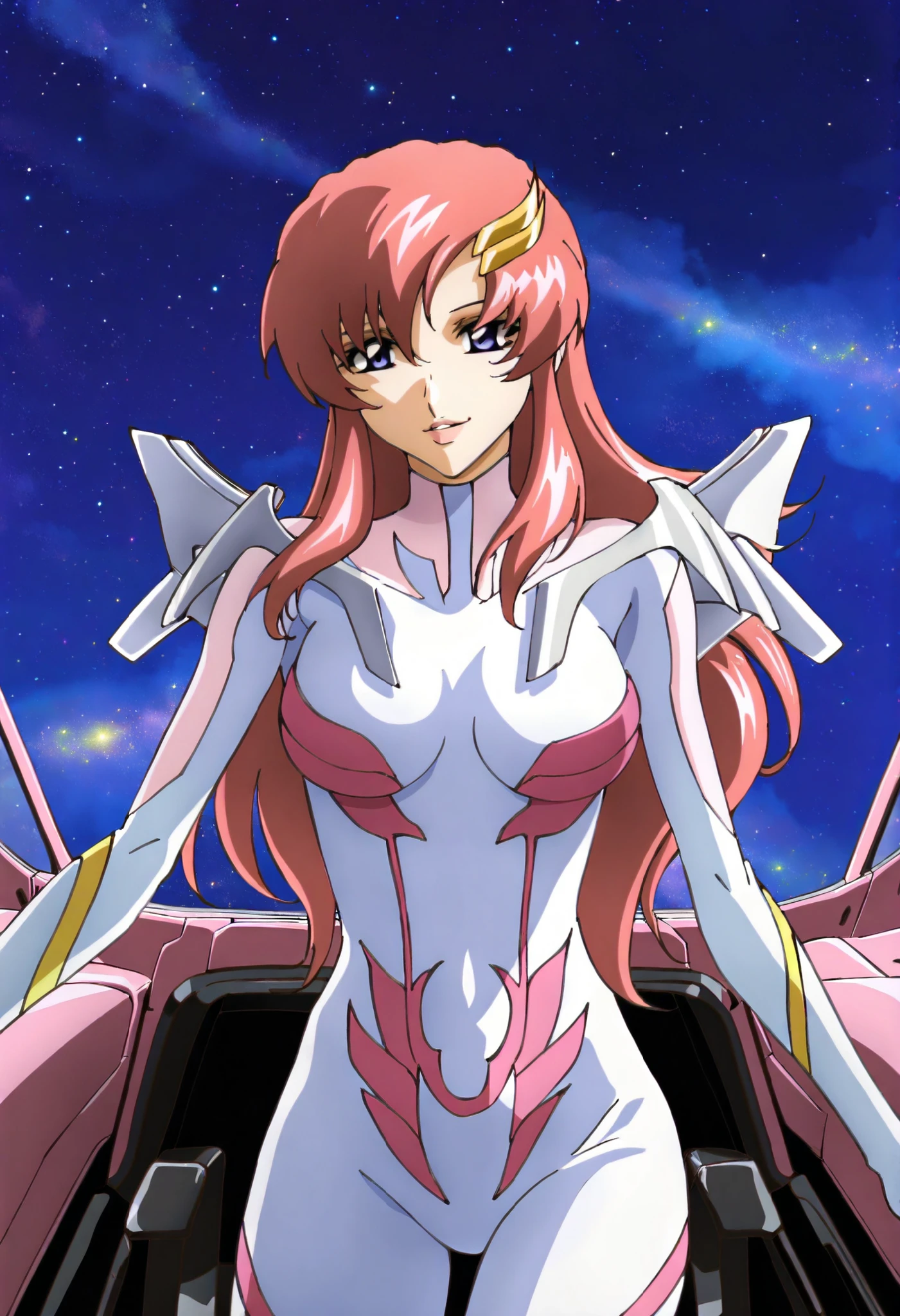 masterpiece,best quality,lacus_c, 1girl, anime coloring, solo, long hair, pink hair, hair ornament, purple eyes, lipstick, lacus pilot suit, pink, , light smile, parted lips ,cockpit, window, space, starry sky, standing
