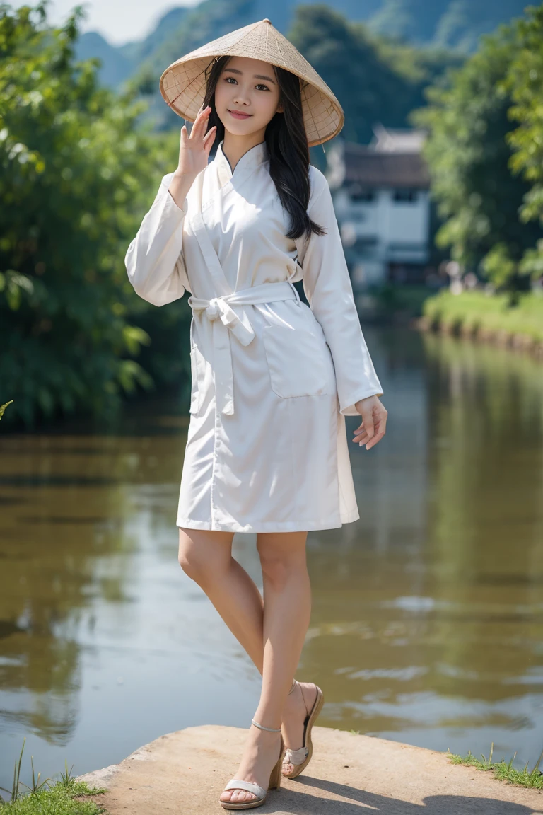 Highest quality,master piece,bloom,a girl, one girl,solo focus,,alone,full body,standing,posing,4K,8k,raw photo,short blonde hair,watch,big beautiful eyes,Japanese women,Age 25,healthy,maternal,positive,bright,kind,Beautiful Skin,Fair skin,Highest quality,4K,8k,masterpiece,Young and beautiful,Attractive woman,Dcup Bust、An innocent smile、smile、teeth、The background is the riverbed、Beautiful nature、blue sky、The sun is dazzling、Simple casual style、sneakers、one girl、Accurate hands、Accurate legs、Detailed hands and fingers、Anatomically correct body、one girl,one girl,very nice lady,one girl