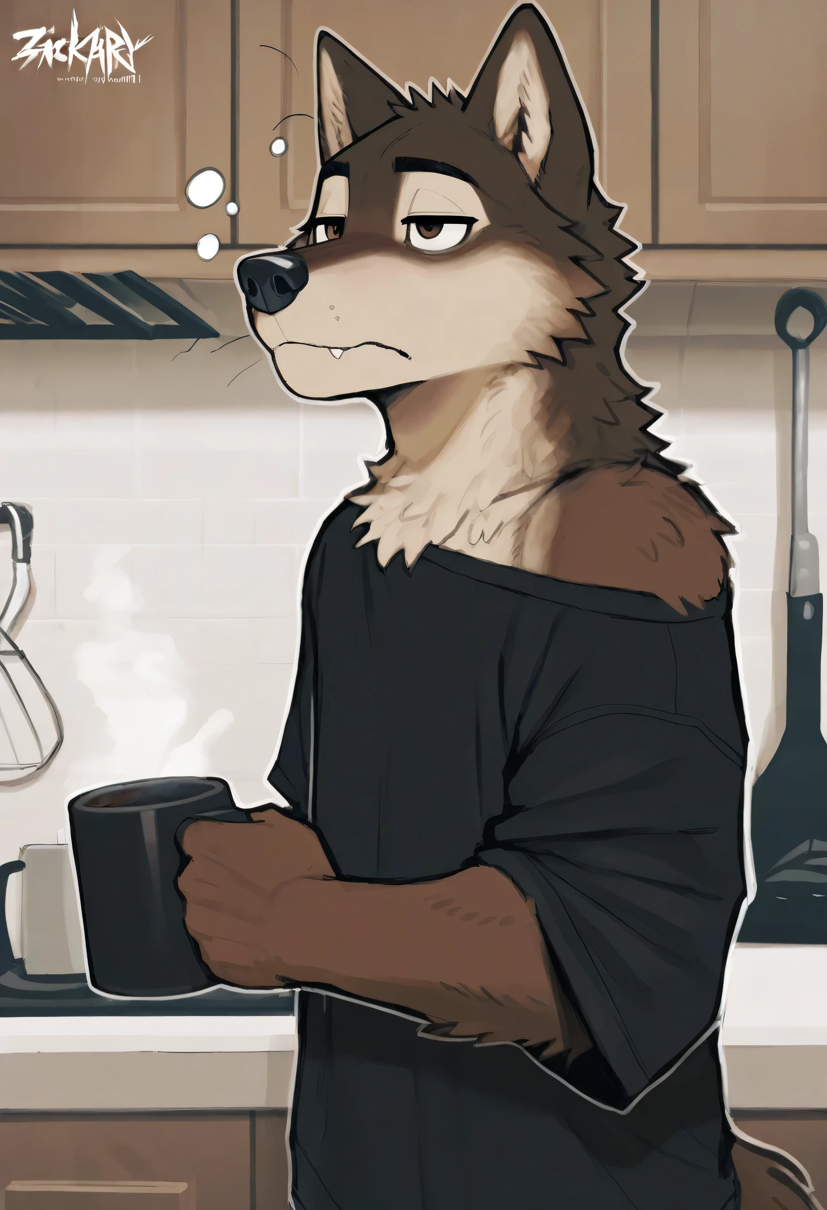 (soft shading, 4k, hi res, detailed face, detailed, Best quality, masterpiece, detailed anatomy, detailed eyes, perfect face), K0BIT0WANI style, by Meesh style, Zackary911 style, solo, 1male, Wolf, young body, thin chub body, brown furs, dark brown eyes, in the kitchen, holding a coffee mug, standing, sleepy, black shirt, left shoulder exposed, messy fur