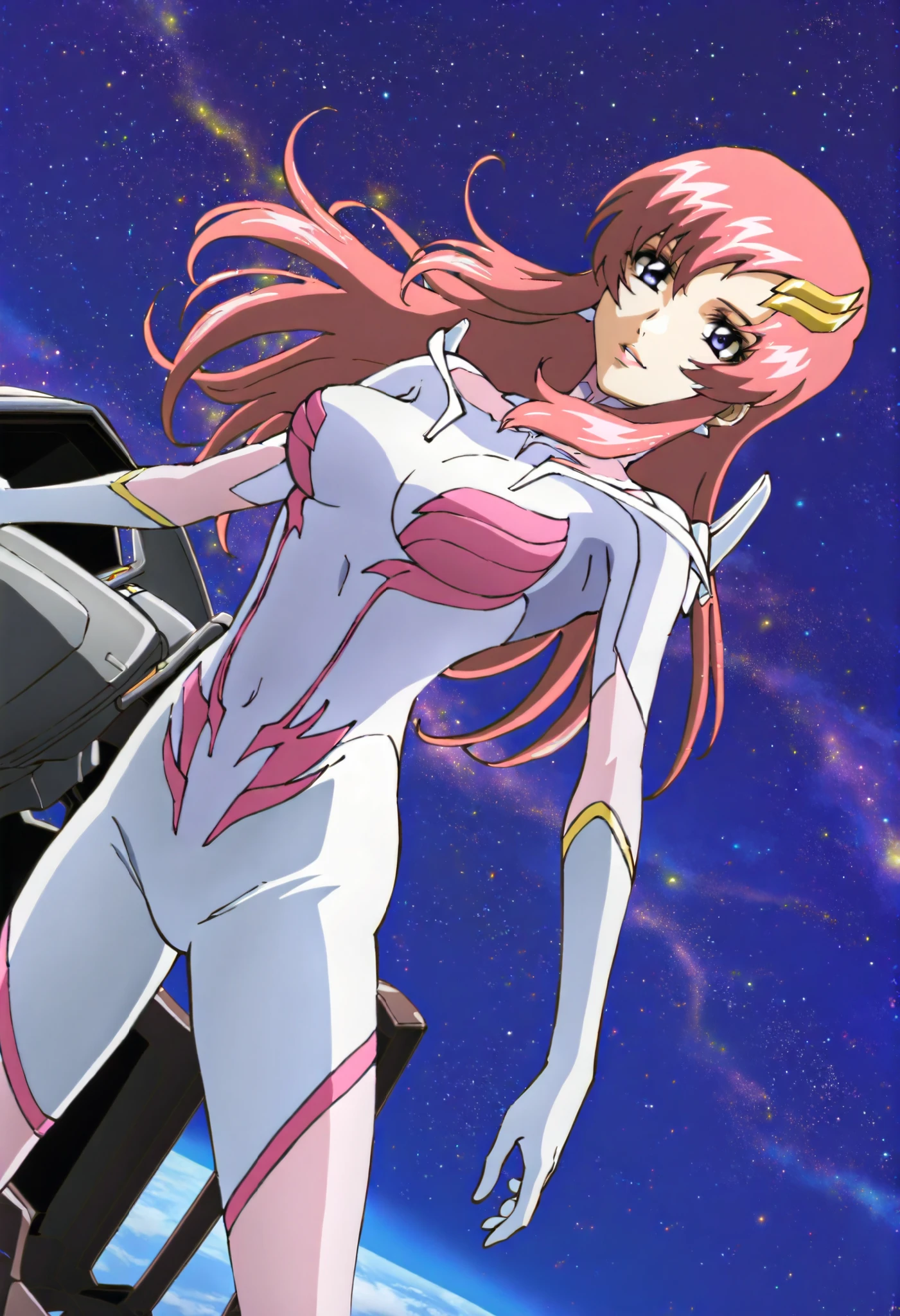masterpiece,best quality,lacus_c, 1girl, anime coloring, solo, long hair, pink hair, hair ornament, purple eyes, lipstick, lacus pilot suit, pink, , light smile, parted lips ,cockpit, window, space, starry sky, standing
