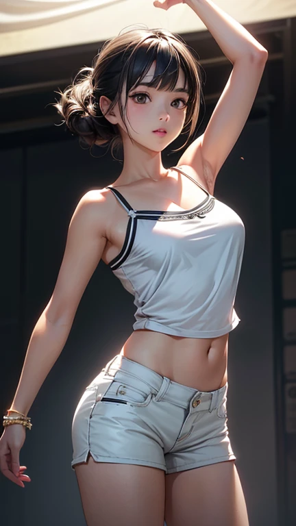 absurdres, RAW photo, extremely delicate and beautiful, masterpiece, Best Quality, ultra high resolution, 32k, hyperrealistic, ultra-detailed, perfect anatomy, anatomically correct, perfect figure, super Detailed skin, pale skin, 20 years old, very Slim body, narrow waist, very small head, very small face, delicate facial features, detailed face, detailed eyes, tearful mole, earring, thin legs, bare legs, (very huge round breasts), short medium hair, ((wavy hair)), wet clothes, solo, collared white shirt, cowgirl, vest, cowboy hat, fingerless gloves, midriff, neckerchief, shorts, holster,