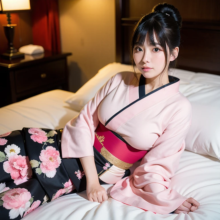 Fat woman、big woman、Chubby-chan、thick body、reality、professional photos、genuine、thick body, big 、 big ass、big belly、thick thighs、thick arms、round face、fat face、chubby cheeks、droopy eyes、Big eyes、Clear double eyelids、lazy smile、Long-haired black hair、golden hair ornament、golden flower decoration、shiny skin、outstretched arm、on the bed、Lying、spread your legs、japanese kimono、Red, pink and gold kimono with floral pattern、Japanese clothing、kimono、Shoulders exposed