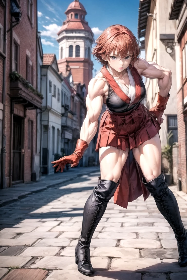 masterpiece, absurdres,
1girl, bright braided red hair with (brunette streaks:1.2), (having face of Kate Stomph:1.4), (angry face expression:1.2), ((red:1.3) colour eyes:1.1), [black jacket:bodysuit:20], [fur|veil|lace], underboob, gigantic breasts, narrow waist, large hips, curvy, [toeless legwear|barefoot], (muscles, fit, jacked:1.15), (scar all over the body: 1.2), [country road|field], mud, dirty feet, dirty body, dirty face, outdoors, rain, downpour, dynamic pose, [training|kickbox], fighting, fight pose, full body shot,  <lora:more_details:0.5>