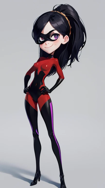 (full body),masterpiece, Highest quality, One Girl, purple, Long Hair, Black Hair, Blue eyes,Hair on one eye, (Red Hero Suit),Red bodysuit,black elbow gloves,Black thigh-high boots,Thick thighs,Place one hand on hip,upright,View your viewers, smile, Simple Background