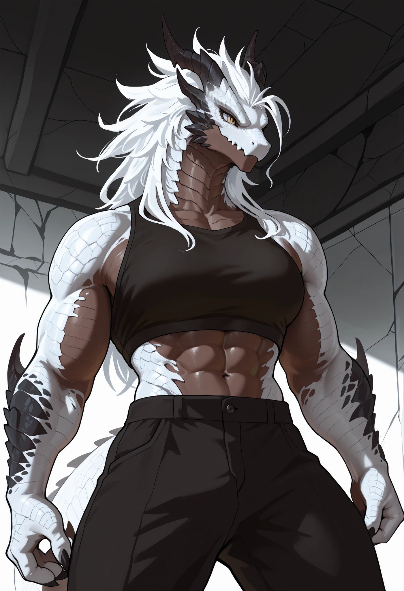 muscular creature, anthro dragon, dark horns, yellow eyes, short spiky white hair, black crop top, pants, sharp claws and scales, silver scales on arms and legs, calm pose, athletic, posed in a dynamic stance,dark skin tone, BREAK background is simple and muted, with a gradient effect and soft, neutral tones.